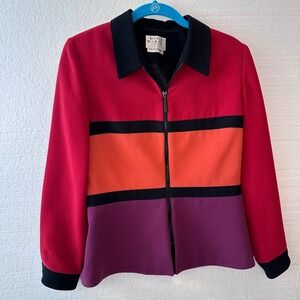 VTG David Warren Petites Colorblock Zip Front Jacket Red Orange Purple Size 8P
